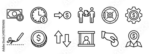 Minimalist Monoline Banking and Global Finance Icon Set Featuring Geometric Line Art for Commercial Fintech and Investment Applications