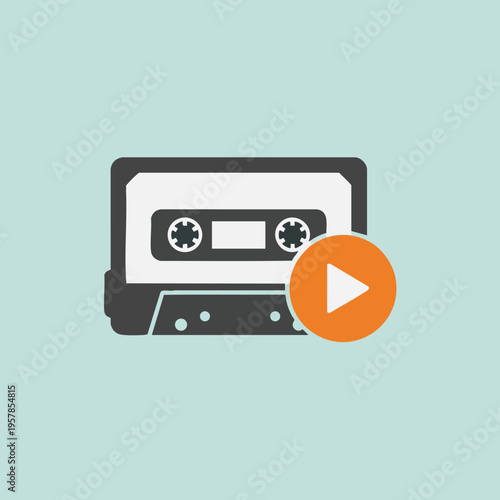 Stylized cassette tape icon with a prominent orange play button overlay
