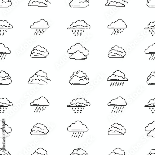 Diverse cloudy weather icons featuring rain, lightning, and various cloud formations