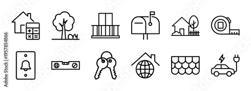 Real Estate and Property Management Icon Set featuring Minimalist Monoline Geometric Line Art for Residential Housing and Commercial Services