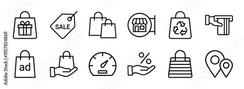 Shopping and Market E-Commerce Technical Monoline Outline Icons featuring Retail Symbols in Minimalist Geometric Style for Digital Platforms