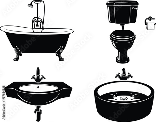 Bathroom fixtures icon set, bathtub silhouette, toilet vector design, sink illustration, showerhead plumbing graphic, hygiene bathroom decor, spa basin outline art