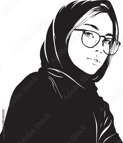 Hand Drawn Woman Wearing Hijab Black and White Avatar Illustration in Minimal Solid Art Style Design
