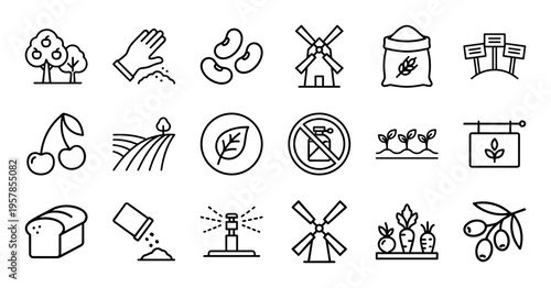 Sustainable Agriculture and Organic Farming Thin Line Icons. Minimalist monoline geometric symbols for smart agrotech and gardening.