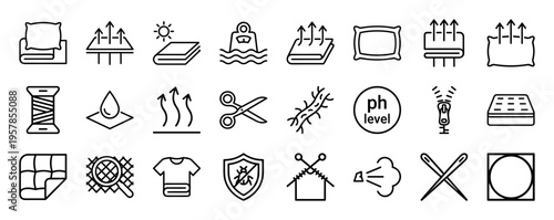 Textile Technology and Bedding Comfort Minimalist Monoline Icon Set featuring Breathable Fabric, Sleep Science, and Garment Care Symbols.