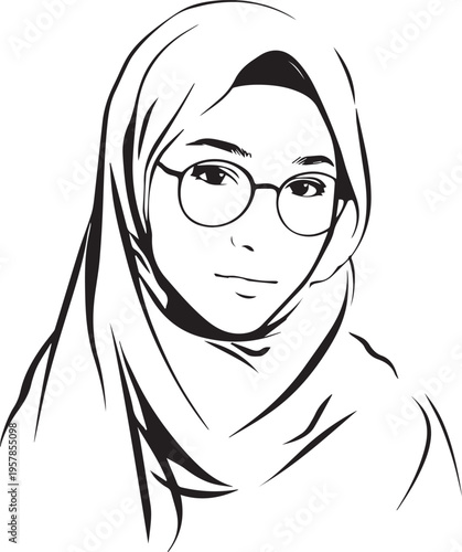 Hand Drawn Woman Wearing Hijab Black and White Avatar Illustration in Minimal Solid Art Style Design