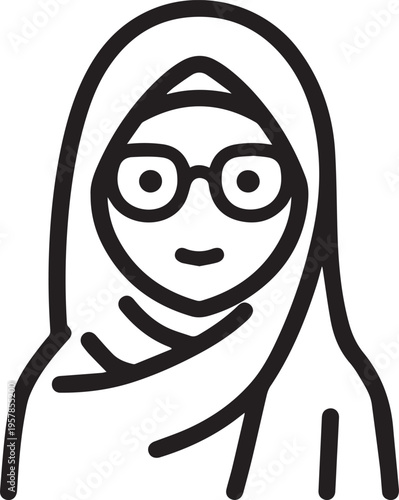 Hand Drawn Woman Wearing Hijab Black and White Avatar Illustration in Minimal Solid Art Style Design
