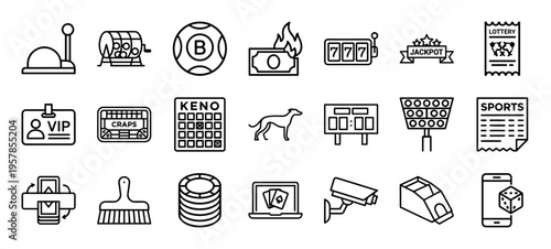Minimalist Monoline Casino and Gambling Icon Set Featuring Geometric Line Art for Digital Betting Interfaces and Gaming Apps.