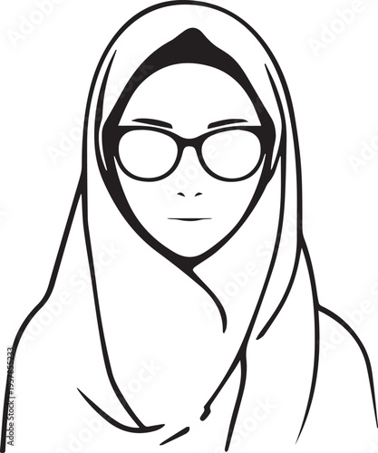 Hand Drawn Woman Wearing Hijab Black and White Avatar Illustration in Minimal Solid Art Style Design