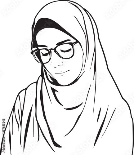 Hand Drawn Woman Wearing Hijab Black and White Avatar Illustration in Minimal Solid Art Style Design