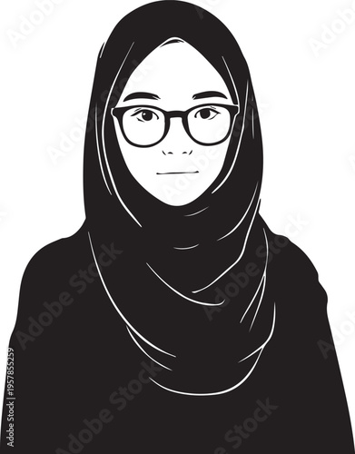 Hand Drawn Woman Wearing Hijab Black and White Avatar Illustration in Minimal Solid Art Style Design
