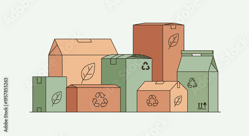 Eco-friendly packaging boxes with leaf and recycling symbols, illustration