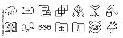 Professional Data Engineering Line Icons featuring Cloud Computing, Database Architecture, and Big Data Analytics in Minimalist Monoline Style