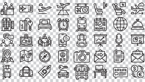 Business Travel and Corporate Trip Outline Icon Set.