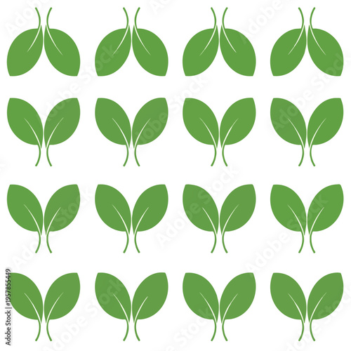 A grid of 16 identical green leaf icons on a white background