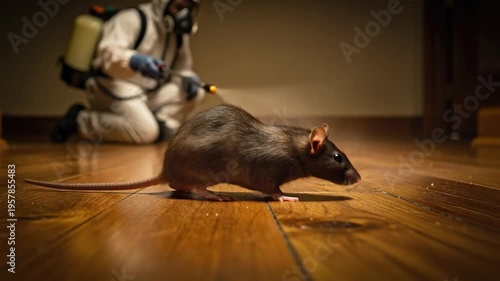 Professional pest control worker spraying insecticide to eliminate rat infestation in home