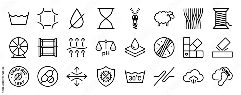 Naklejka premium Textile Technology and Fabric Properties Minimalist Monoline Icon Set featuring Breathability, Durability, and Sustainable Material Symbols.