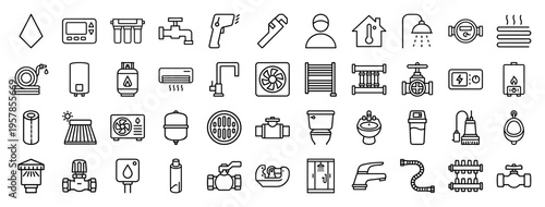 Plumbing and Heating Systems Engineering Line Art featuring Professional Water Management and Climate Control Symbols in Minimalist Style