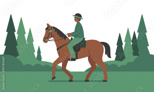 Man riding a brown horse in a green forest minimalist vector art
