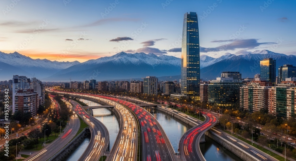 Fototapeta premium Modern Cityscape At Dusk With Mountain Backdrop And Traffic Trails