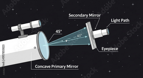 Telescope diagram showing light path through concave primary and secondary mirrors to eyepiece