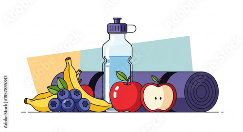 Healthy fitness essentials with fruit water bottle and yoga mat on colorful background