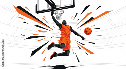 Basketball player dunking ball into hoop with dynamic motion lines