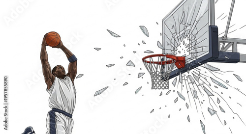 Man in white jersey shattering basketball hoop with powerful dunk shot