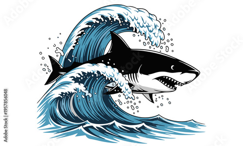 Great white shark jumping through ocean wave illustration
