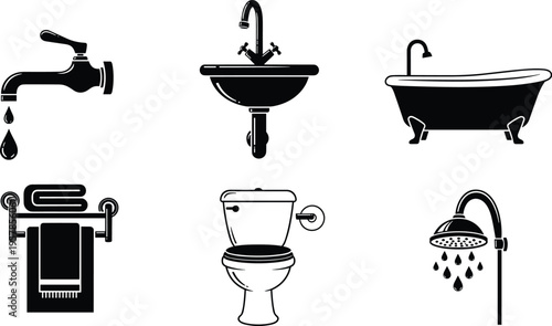 Bathroom fixtures icon set, dripping faucet silhouette, bathtub vector design, sink and toilet illustration, towel rack graphic, showerhead plumbing art outline