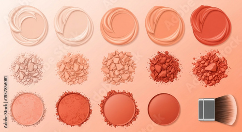 Various shades of blush eyeshadow and makeup with a brush on a peach background