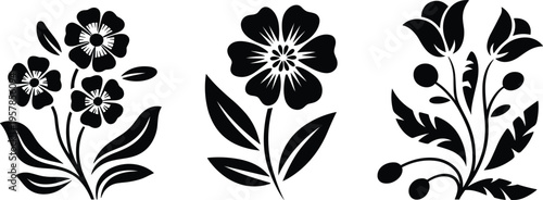 Black silhouette floral designs with flowers and leaves on white background vector illustration