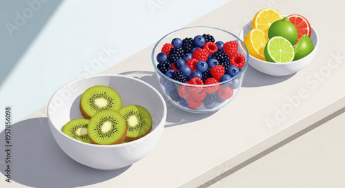 Fresh fruit bowls with kiwi mixed berries and citrus on white tabletop