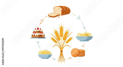 Wheat to bread and baked goods cycle illustration with loaf cookies cake and flour