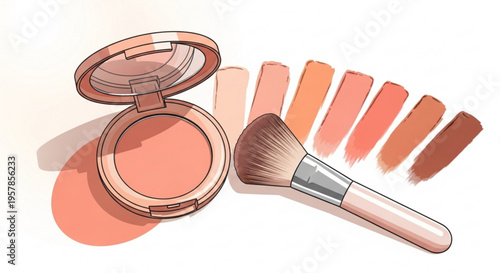 Blush makeup with brush and various shades on white background for beauty and cosmetics