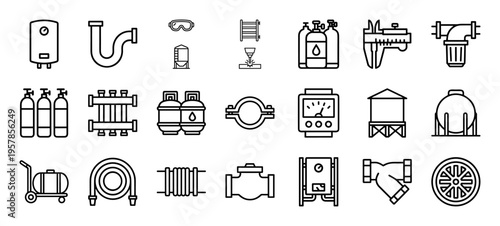 Industrial Pipeline and Plumbing System Infrastructure Components Minimalist Geometric Monoline Outline Vector Graphic Symbols