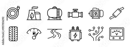 Alternative Energy and Vehicle Refueling Infrastructure Minimalist Monoline Outline Symbols for Sustainable Transportation Systems