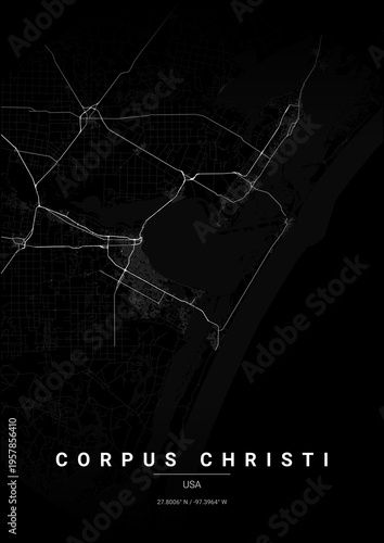 Modern Corpus Christi City Map Poster Design, Noir Style Urban Street Grid Cartography