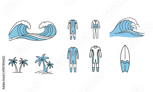 Surfing icons set with wetsuits and palm trees vector