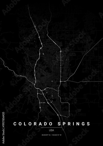 Modern Colorado Springs City Map Poster Design, Noir Style Urban Street Grid Cartography