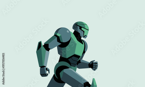 Futuristic Teal Robot Runner Illustration in Flat Vector Style