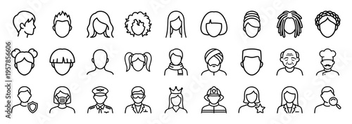 Diverse Human Profile Avatars and User Identity Silhouettes, Minimalist Monoline Geometric Line Art for Interface Design and Social Media.