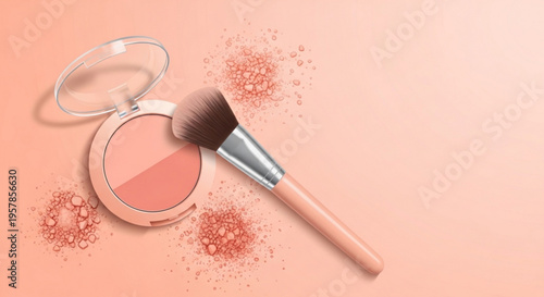 Makeup brush and blush compact with pink background and smudges