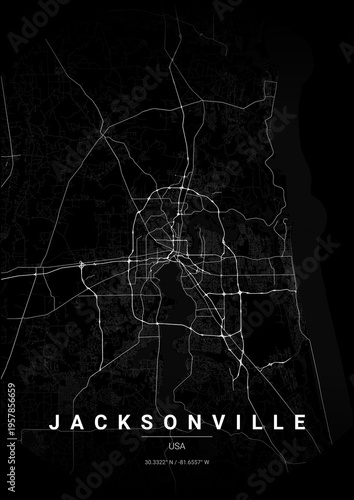 Modern Jacksonville City Map Poster Design, Noir Style Urban Street Grid Cartography