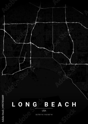 Modern Long Beach City Map Poster Design, Noir Style Urban Street Grid Cartography