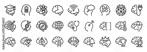 Mental Health and Artificial Intelligence Monoline Icon Set. Minimalist Geometric Line Art for Neurology, Psychology, and Cognitive Science.