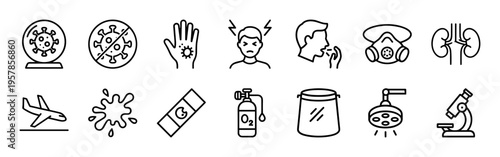 Viral Transmission and Epidemiology Monoline Outline Icons featuring Pandemic Prevention, Healthcare Research, and Medical Laboratory Symbols.