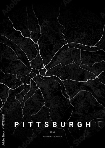 Modern Pittsburgh City Map Poster Design, Noir Style Urban Street Grid Cartography
