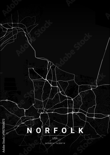 Modern Norfolk City Map Poster Design, Noir Style Urban Street Grid Cartography