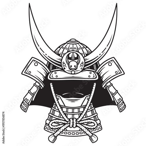 Traditional Japanese Samurai Kabuto Helmet Illustration Featuring Intricate Line Art and Large Crescent Horns, Isolated on White Background for Graphic Design and Tattoo Inspiration.